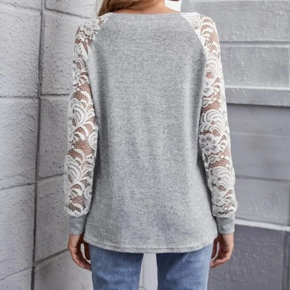 Causal lace details Long sleeved Top GRAY - Picture 2 of 6